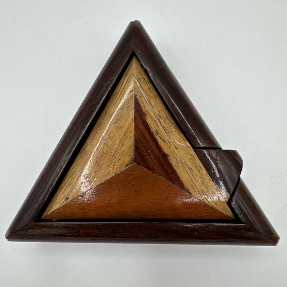 Inlaid Mixed Wood 3 Sided Triangle Trinket Jewelry Gift Box Vintage 4” Handmade
